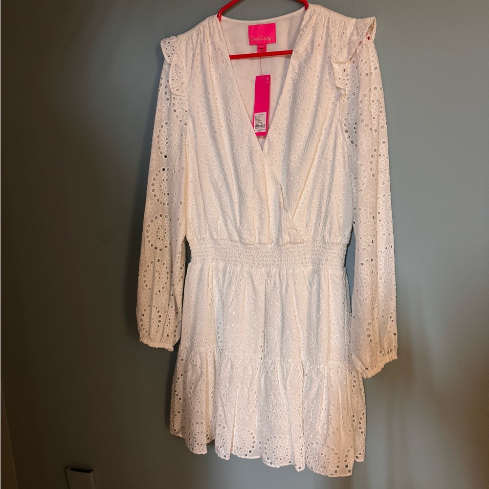 Lilly Pulitzer White Eyelet Long Sleeve Smocked Waist Taviana Dress SIZE 16 - Picture 6 of 11